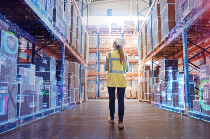 A person walking in a Warehouse controlled by WMS software 