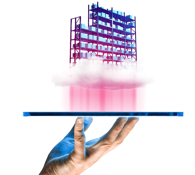 Illustration of a hand holding phone with Warehouse Management System with a warehouse on a cloud 