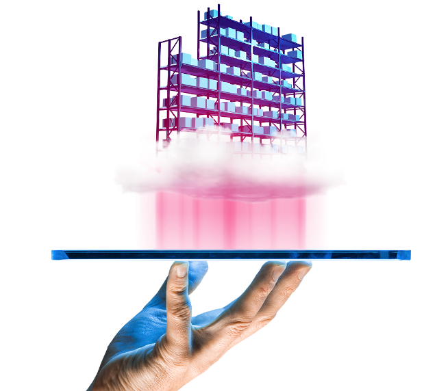 Illustration of a hand holding phone with Warehouse Management System with a warehouse on a cloud