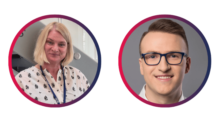 Profile image of R&amp;D employees Karin and Krzysztof from Consafe Logistics, smiling in office environment