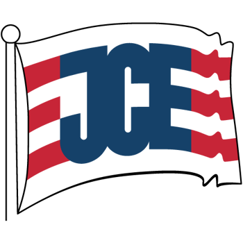 JCE logo, illustration of a flag with the text "JCE" in blue 