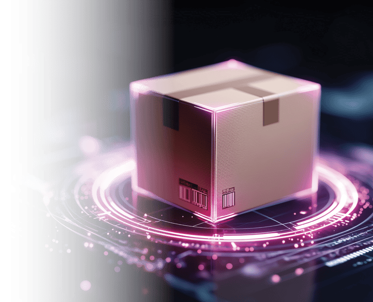 A cardboard box surrounded by glowing digital elements, symbolizing smart logistics and automation powered by SaaS WMS technology.