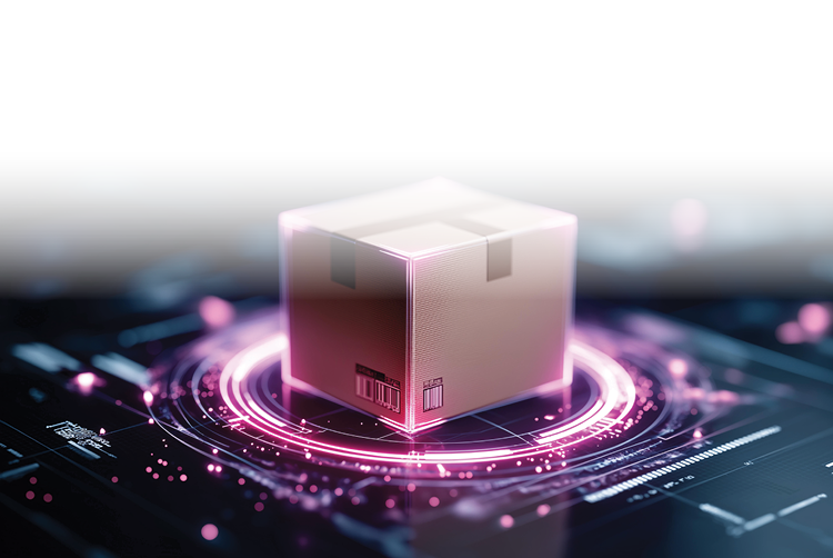 A cardboard box surrounded by glowing digital elements, symbolizing smart logistics and automation powered by SaaS WMS technology.