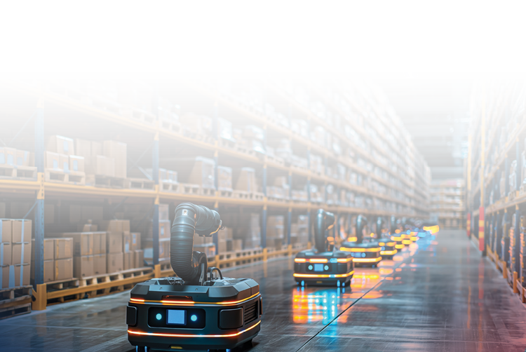 Autonomous mobile robots in a distribution center during warehouse auromation implemenation.