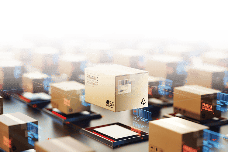 Automated goods handling with multiple packages, one being lifted in the air.