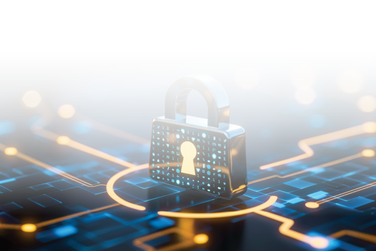 Digital padlock symbolizing cybersecurity on a technology network background.