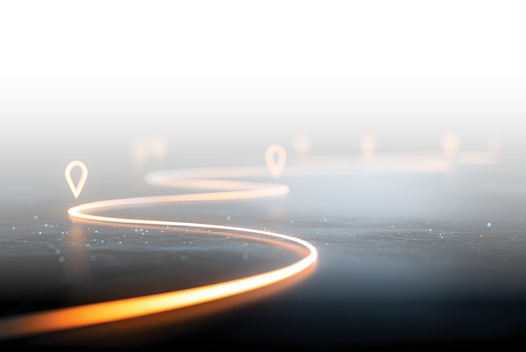 Product roadmap Astro WMS illustrated as a glowing path with location pins on a dark background