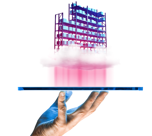 Illustration of a hand holding phone with SaaS WMS with a warehouse on a cloud