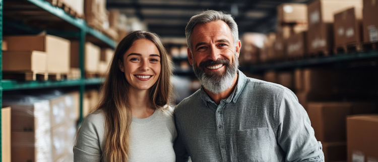 Happy man and woman in a warehouse setting