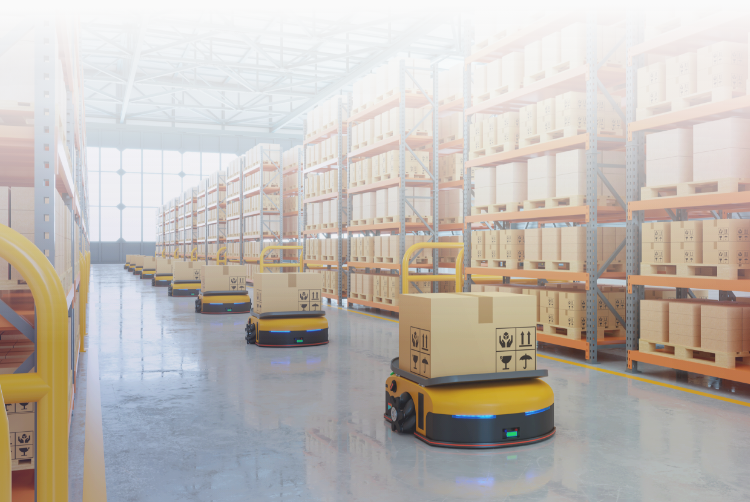 Warehouse automation robots transport packages in a warehouse 