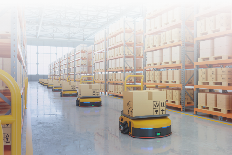 Warehouse automation robots transport packages in a warehouse