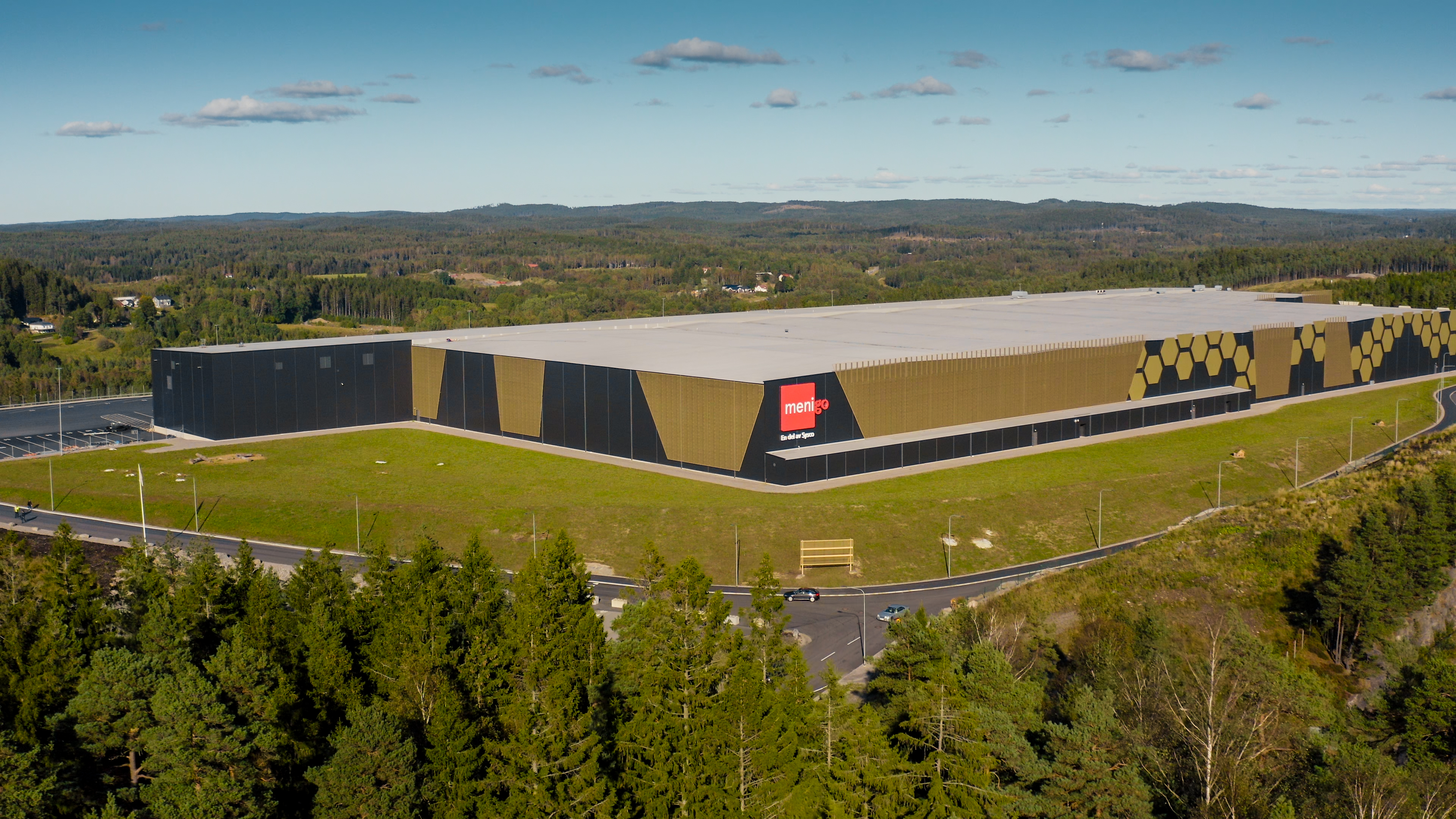 Aerial view of a Menigo warehouse in Sweden, where Astro WMS supports digital warehouse operations.