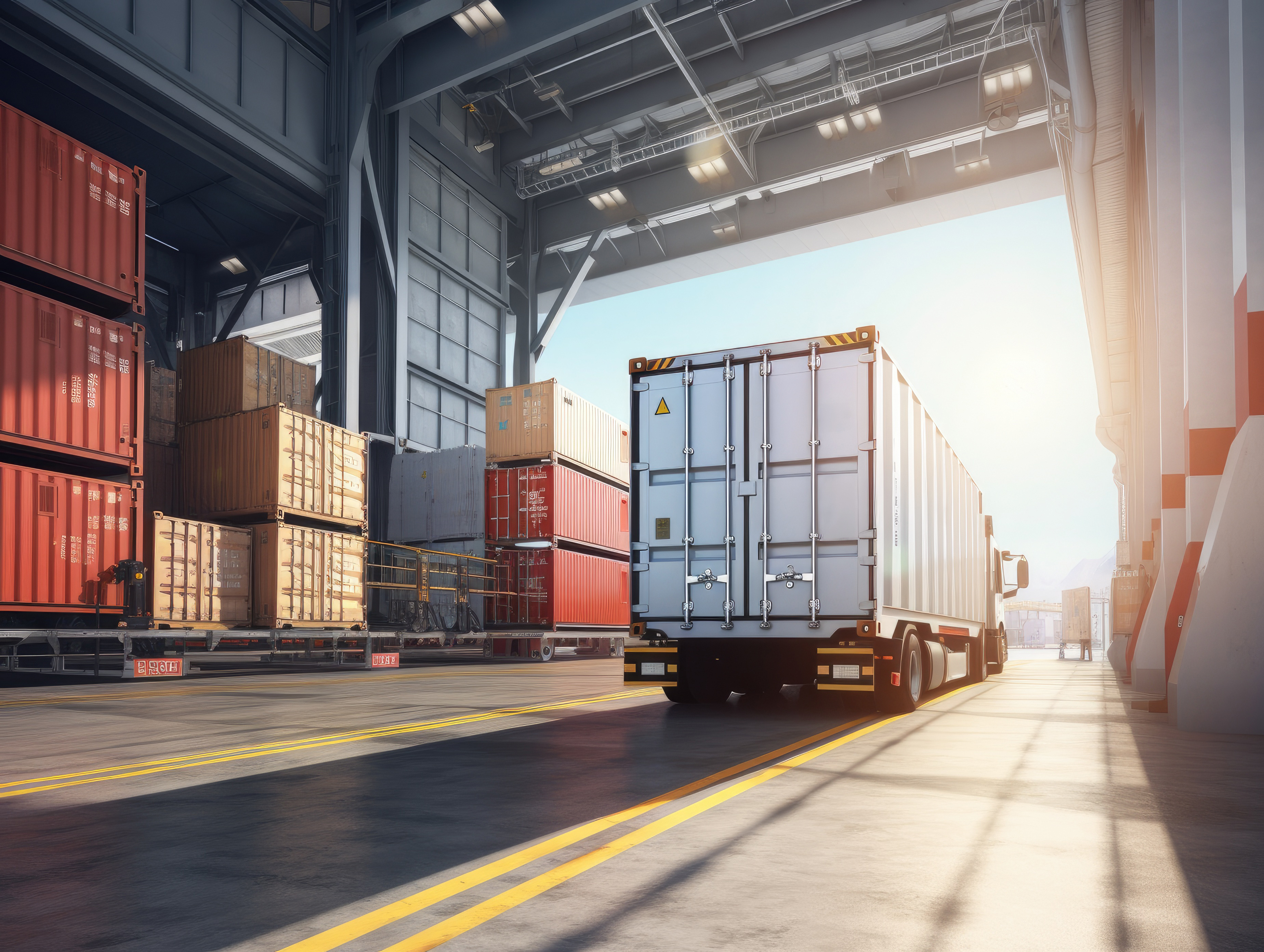 Truck leaving a warehouse loading dock with stacked shipping containers, illustrating Best WMS for 3 PL operations and efficient third party logistics management.