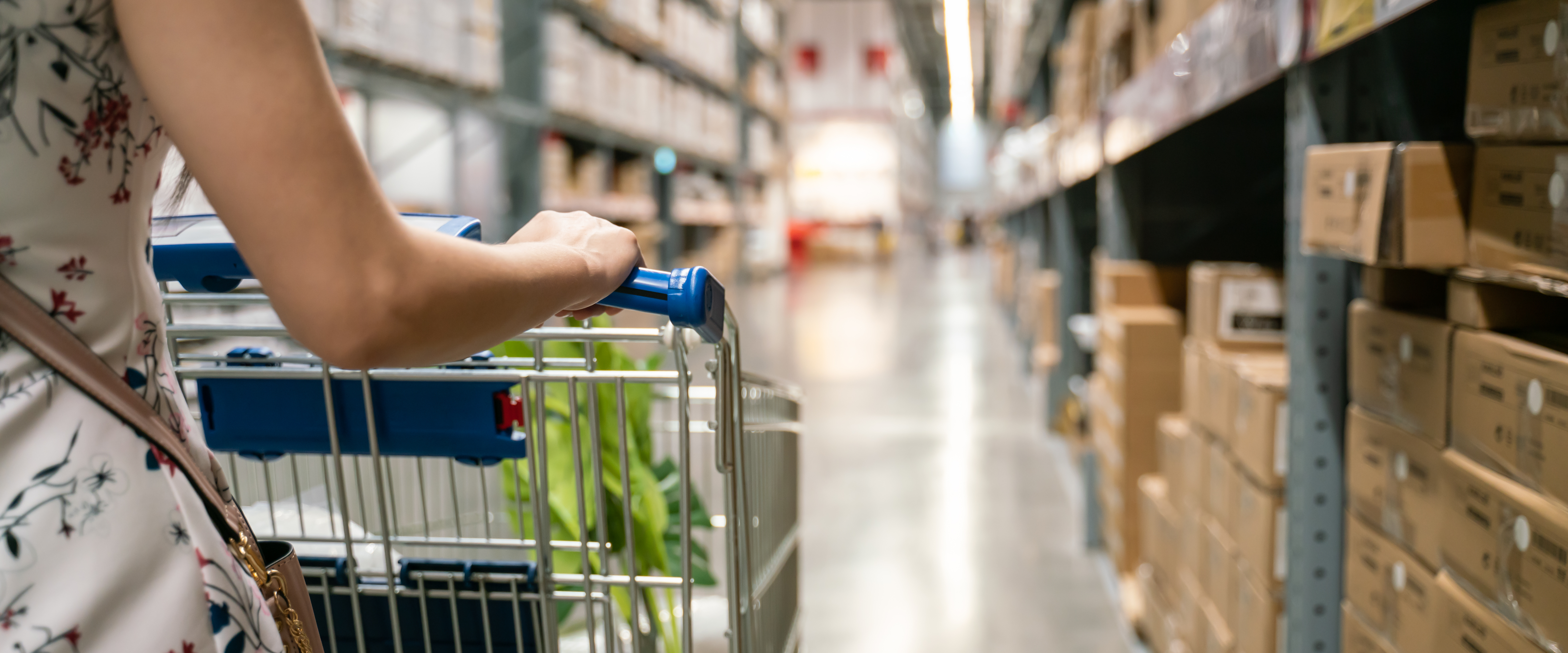 Shopping cart in warehouse aisle with shelves of inventory, representing retail WMS operations