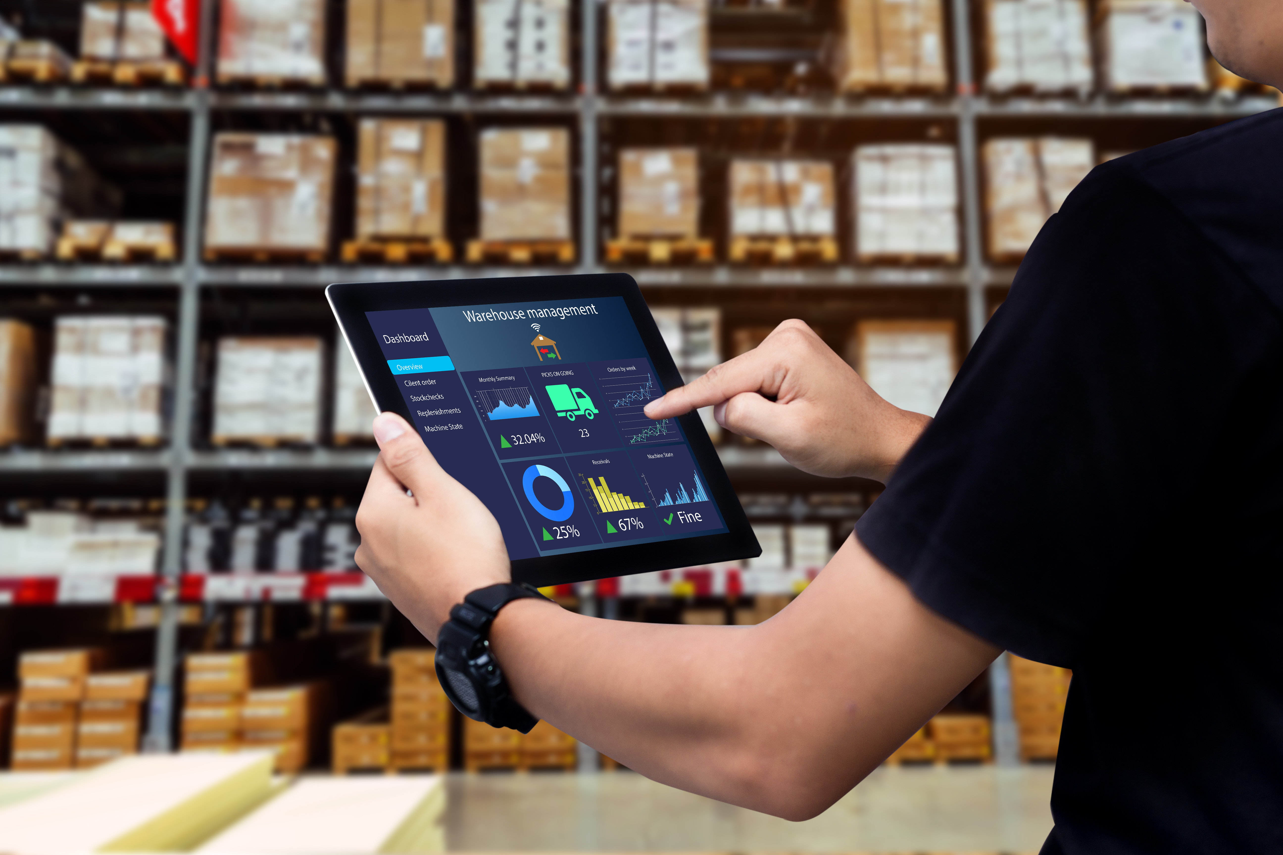 Benefits of SaaS WMS for warehouse management with real-time dashboards on a tablet in a logistics environment.