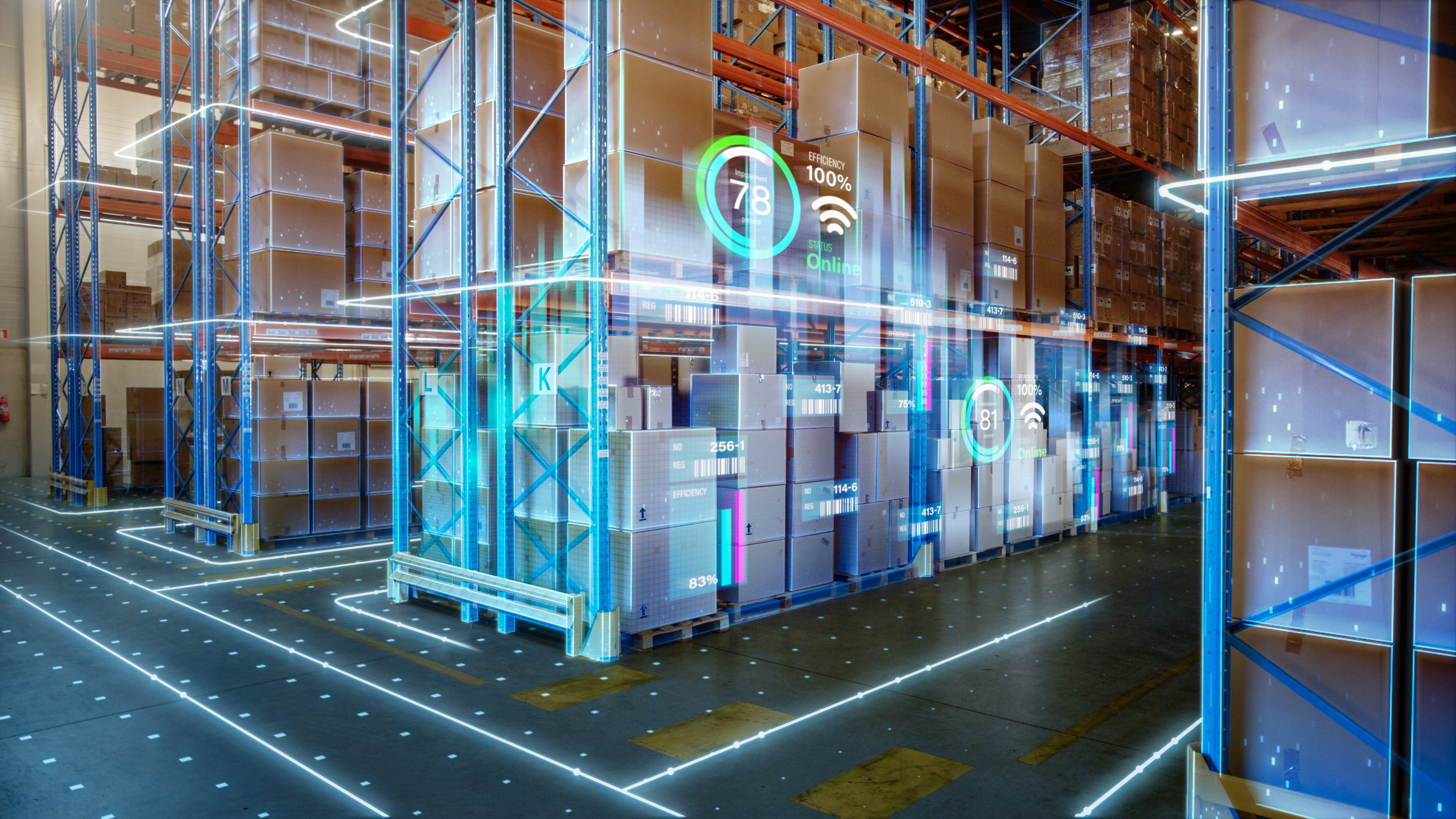 Futuristic technology warehouse controlled by a SaaS WMS/cloud WMS - a Cloud-based WMS solution 