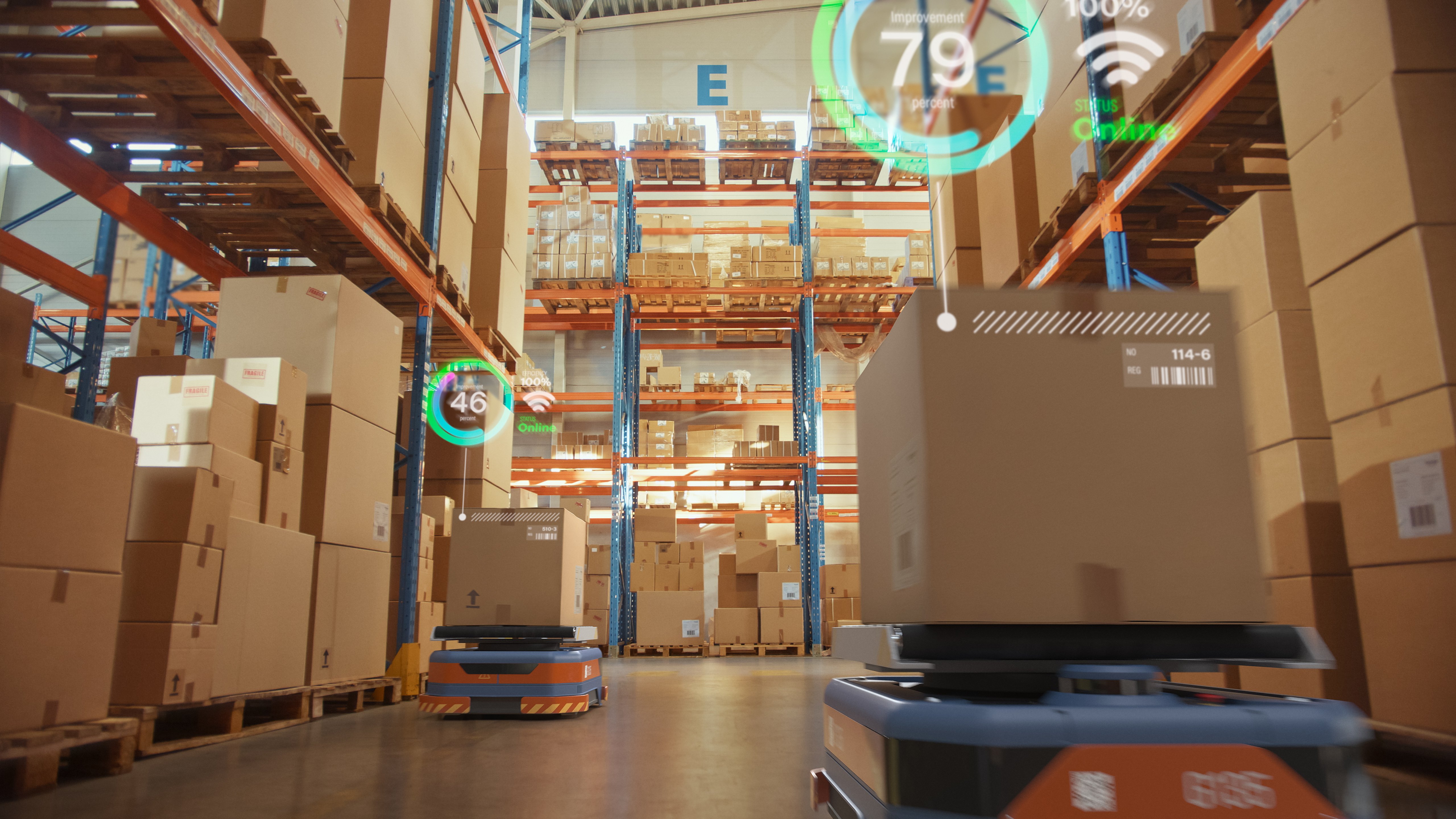 automated warehouse robotics with infographics delivering cardboard boxes