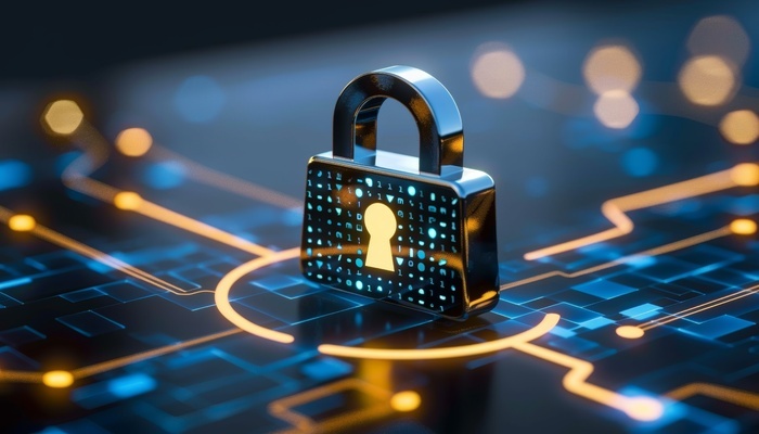 Digital padlock symbolizing cybersecurity on a technology network background.