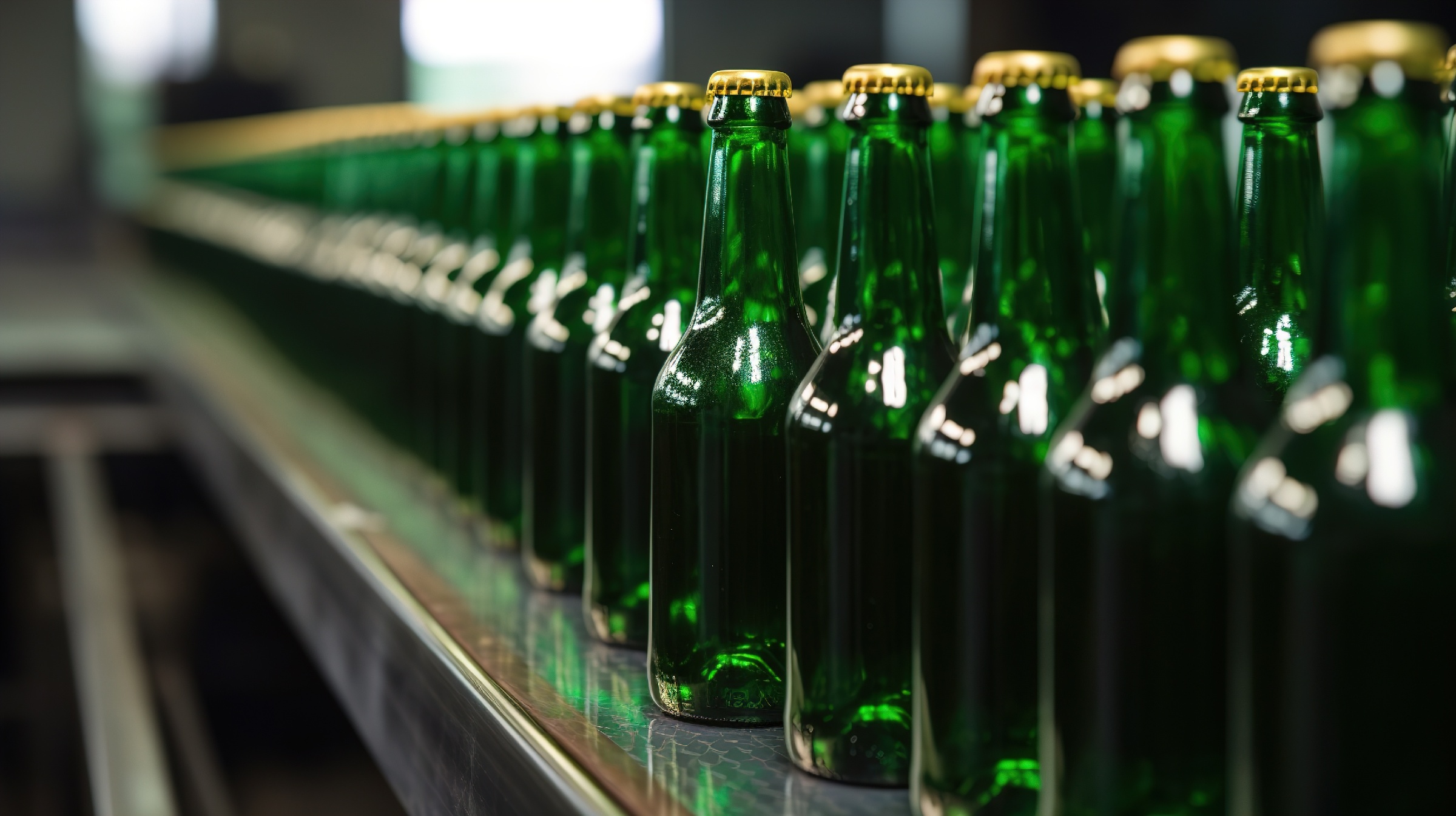carlsberg beer bolttles on a conveyor belt 