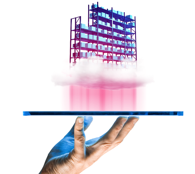 Illustration of a hand holding phone with Warehouse Management System with a warehouse on a cloud