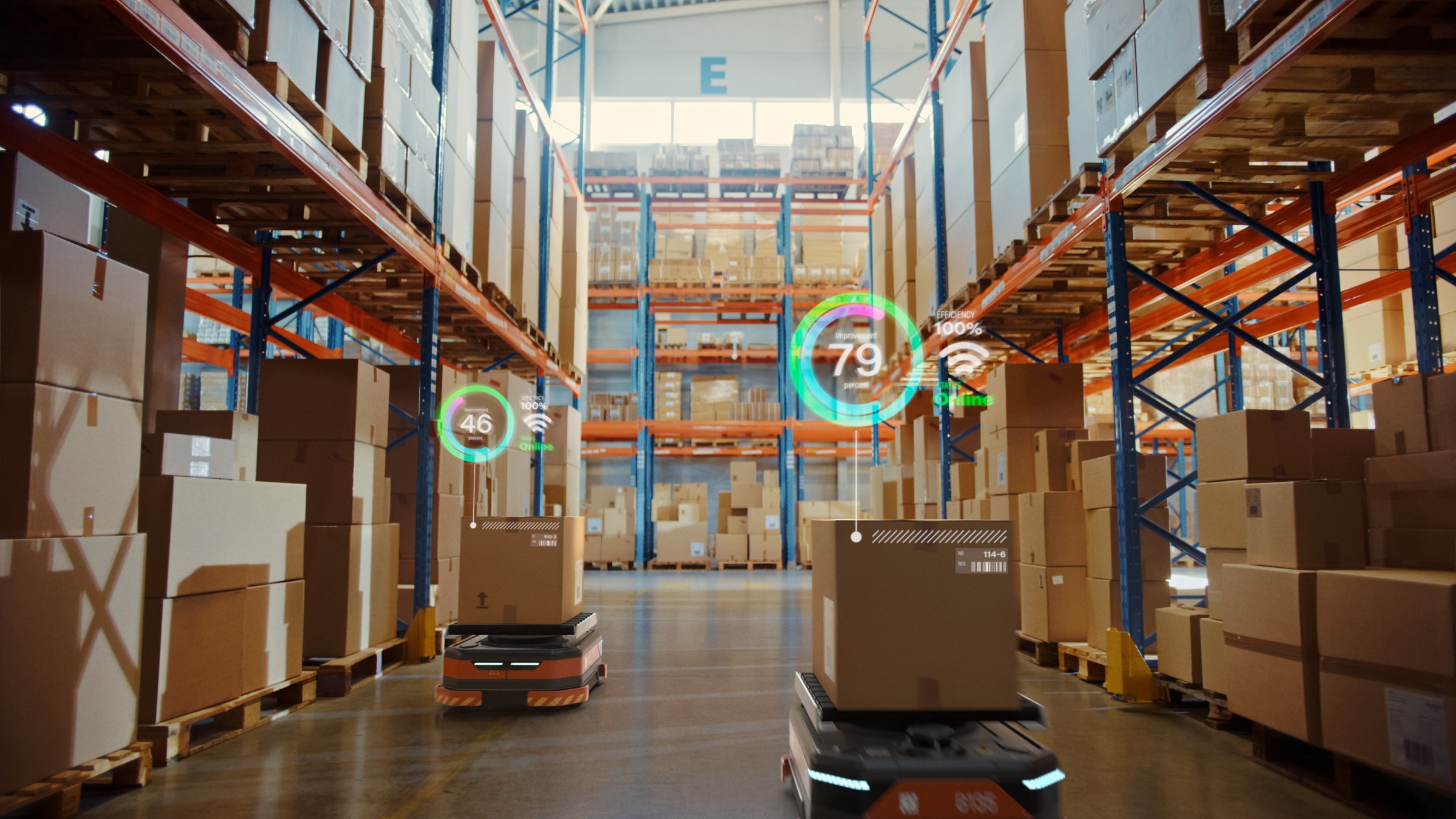 Automated warehouse management system with AGV Robots with Infographics delivering cardboard boxes in a distribution logistics center.