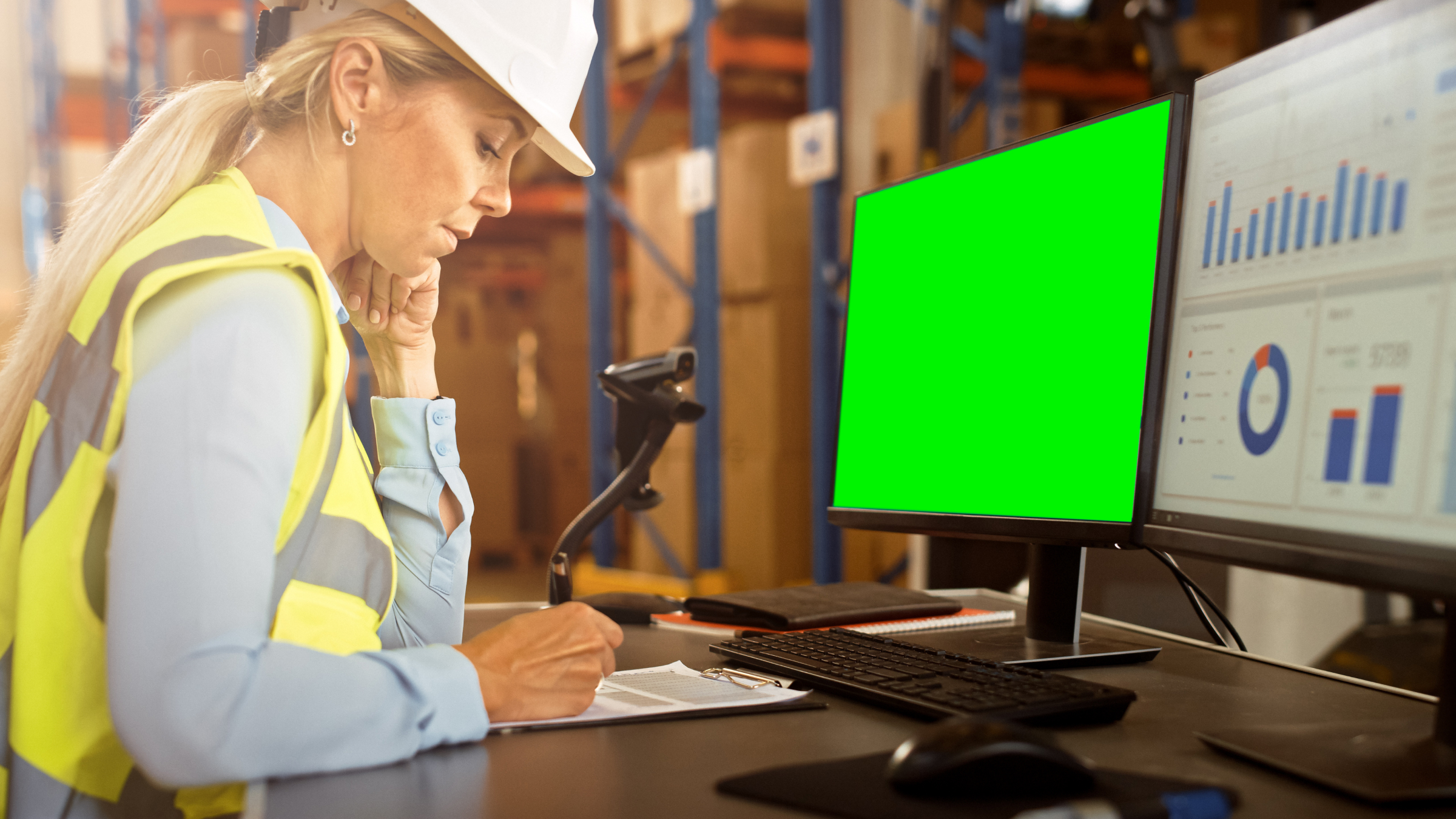 A woman sits in a warehouse at a computer and takes help from the WMS software to reduce warehouse costs 