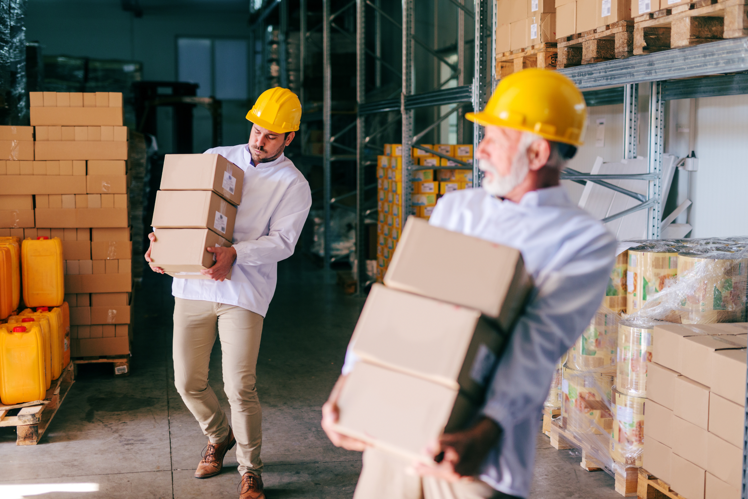 Two warehouse workers experience a warehouse challenge when carrying heavy boxes.