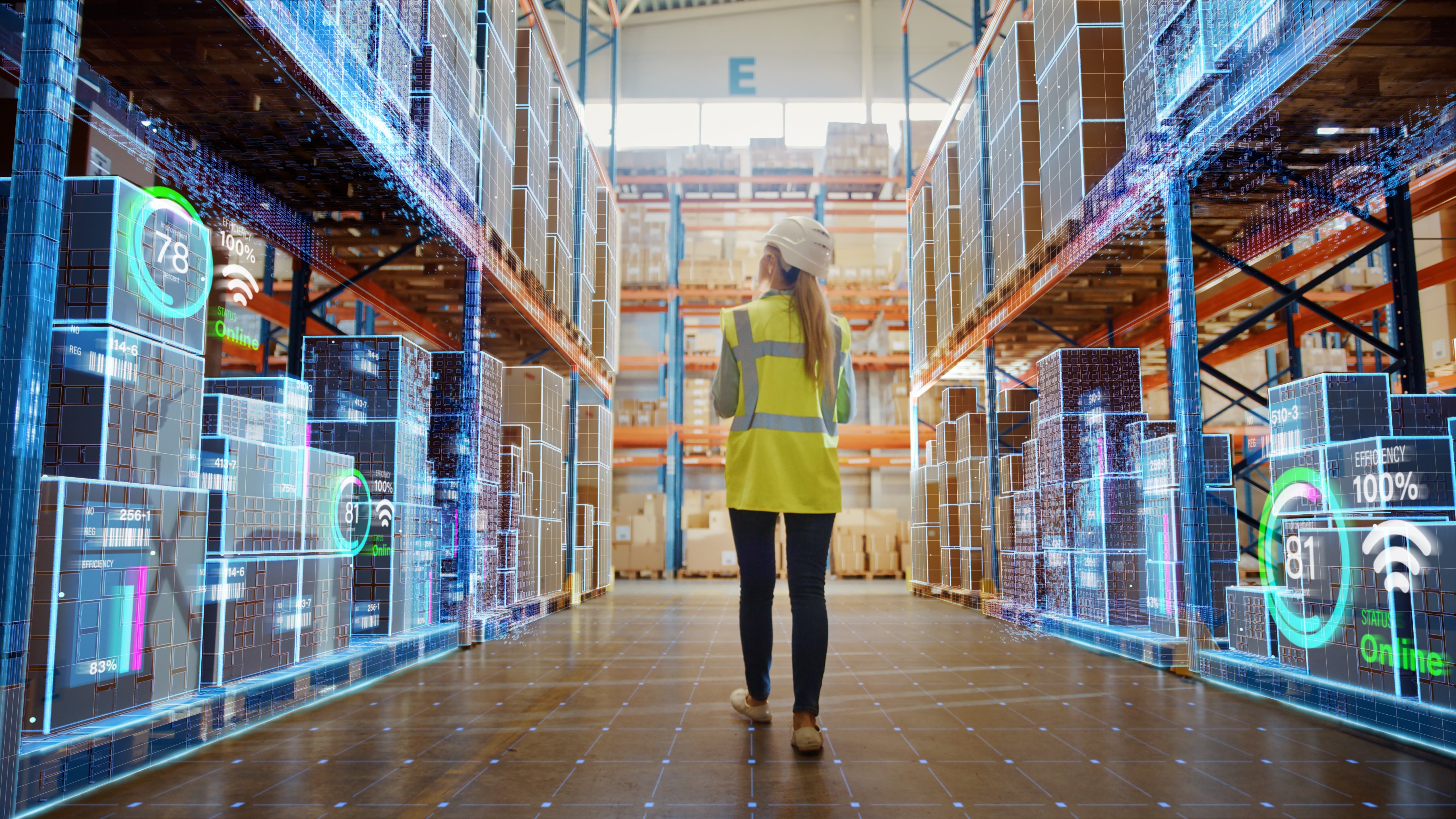 A person walking in a Warehouse controlled by WMS software 