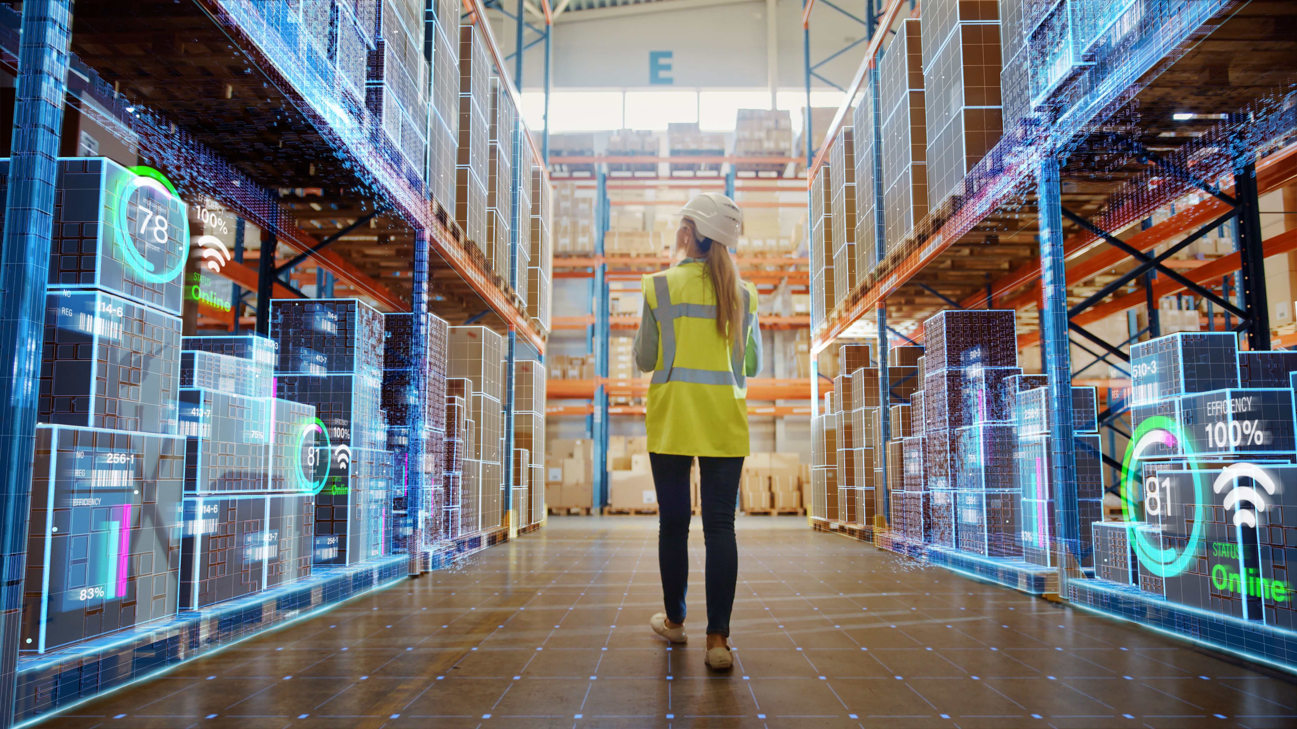 A person walking in a Warehouse controlled by WMS software 