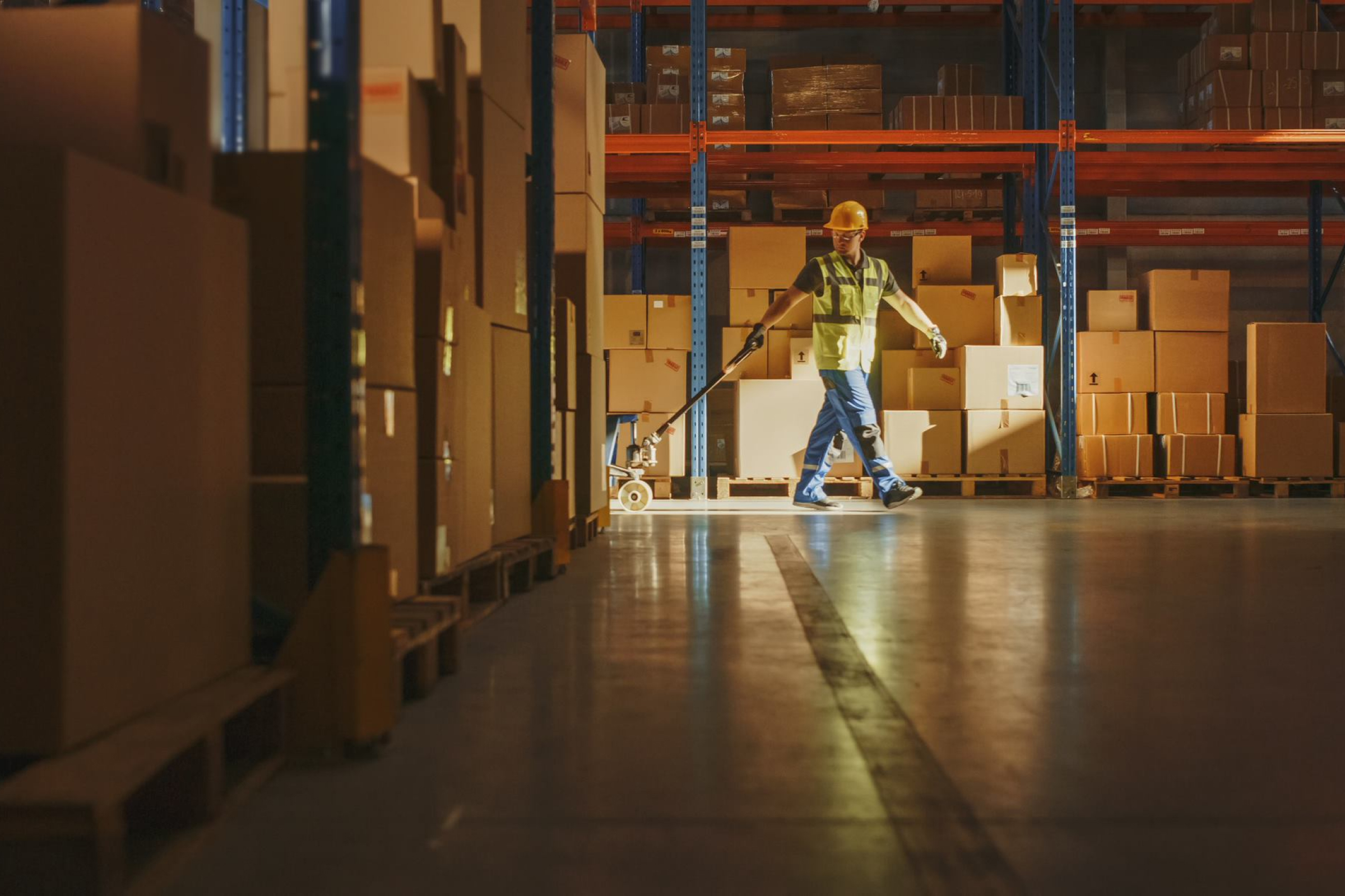 warehouse worker pulling hand truck with cartons in a warehouse